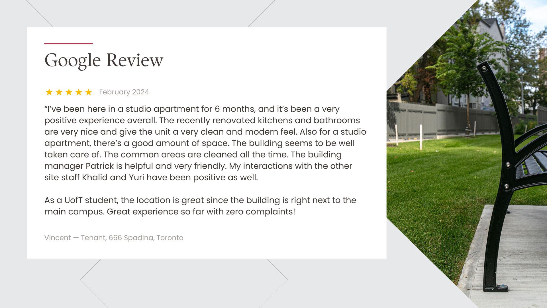 Big thanks to Vincent, one of our tenants, for sharing his renting experience at 666 Spadina, Toronto.